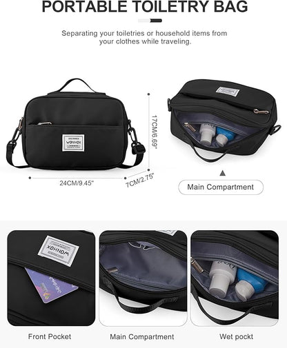 Gym Bag for Women Men, Sport Duffel Bag with Toiletry Bag & Shoe Compartment,Waterproof Travel Weekender Overnight Carry on Bag for Yoga with Trolley Sleeve, Black Set
