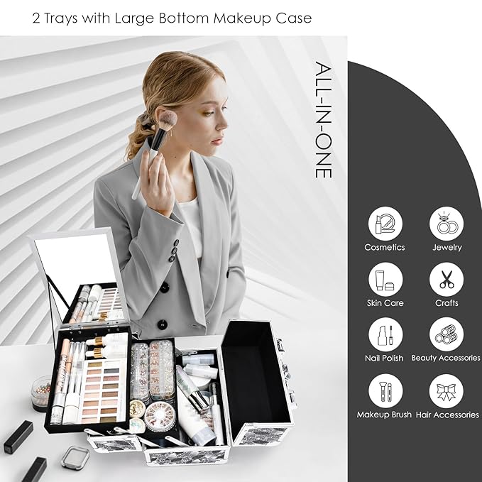 Joligrace Makeup Case Organizer Makeup Box Portable Cosmetic Train Case Hard Vanity Storage with 2 Trays Mirror Locking Make Up Travel Case for Cosmetics Nail Kits Travelling Organizer Modern Style