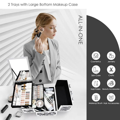 Joligrace Makeup Case Organizer Makeup Box Portable Cosmetic Train Case Hard Vanity Storage with 2 Trays Mirror Locking Make Up Travel Case for Cosmetics Nail Kits Travelling Organizer Modern Style