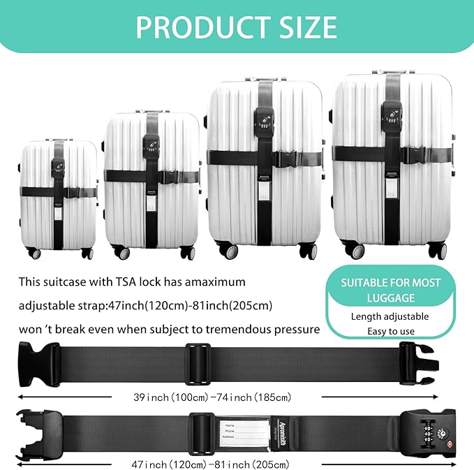 Cross Luggage Strap Belt for 20"-32" Suitcase with TSA Approved 3-Dial Combination Lock Wide Adjustable Packing Straps Travel Accessories, Black