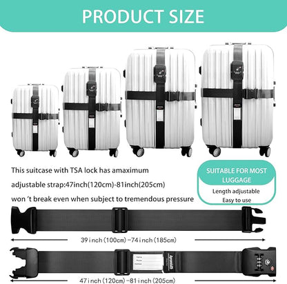 Cross Luggage Strap Belt for 20"-32" Suitcase with TSA Approved 3-Dial Combination Lock Wide Adjustable Packing Straps Travel Accessories, Black