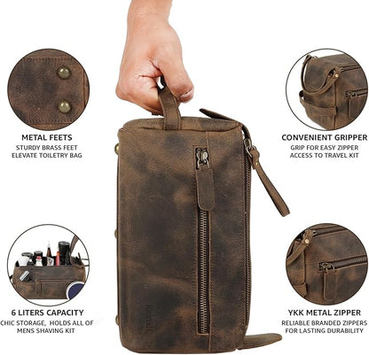 KomalC Premium Buffalo Leather Toiletry Bag for Men & Women – Leather Dopp Kit With Water resistant Lining, Premium Toiletry Travel Pouch, Unisex Wash Bag for Toiletries, Gifts for Men and Women