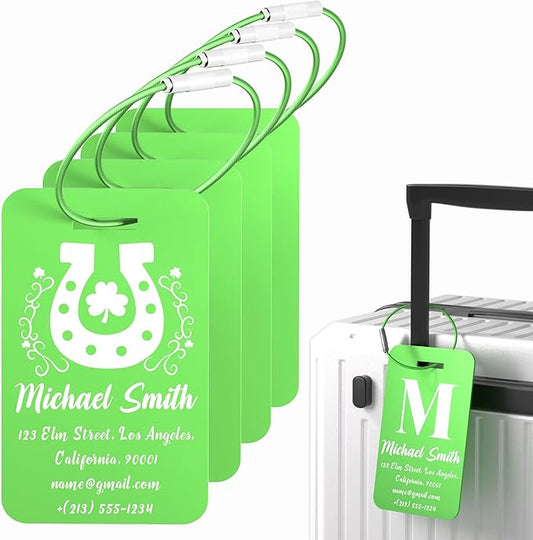 4 PCS Personalized Luggage Tags for Suitcase, Custom Engraved Aluminum Luggage Tags with Your Personalized Text Logo, Metal Name Tags with Steel Loop for Bag, Suitcase, Backpack (Green, Large)