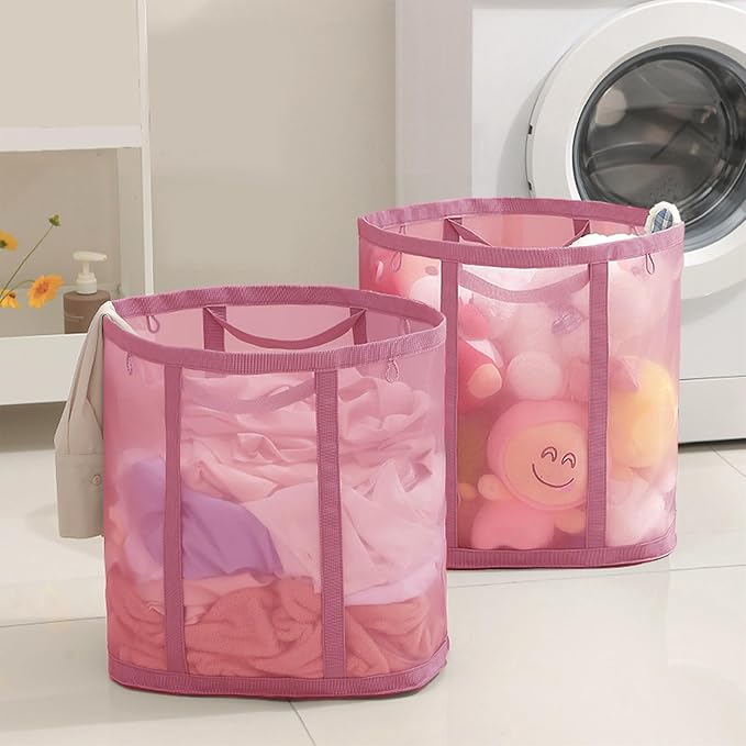 Mesh Bag with Handles, Collapsible Laundry Basket, Foldable Laundry Bag, Breathable Folding Beach Bag,Space-saving Travel Tote Bags (1, Pink)