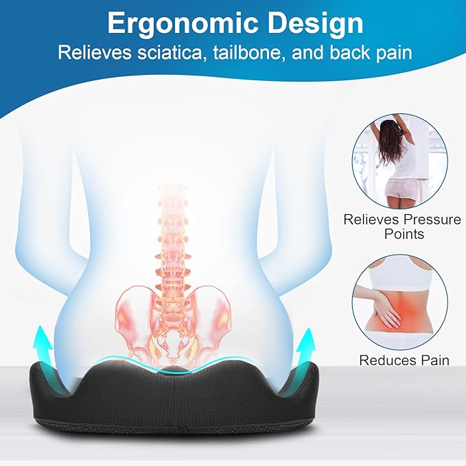 PilloVive Memory Foam Seat Cushion for Office Chairs & Car Seat - Ergonomic Office Desk Seat Cushion- Doctor Recommended for Tailbone & Sciatica Pain Relief & Back Support(Black)