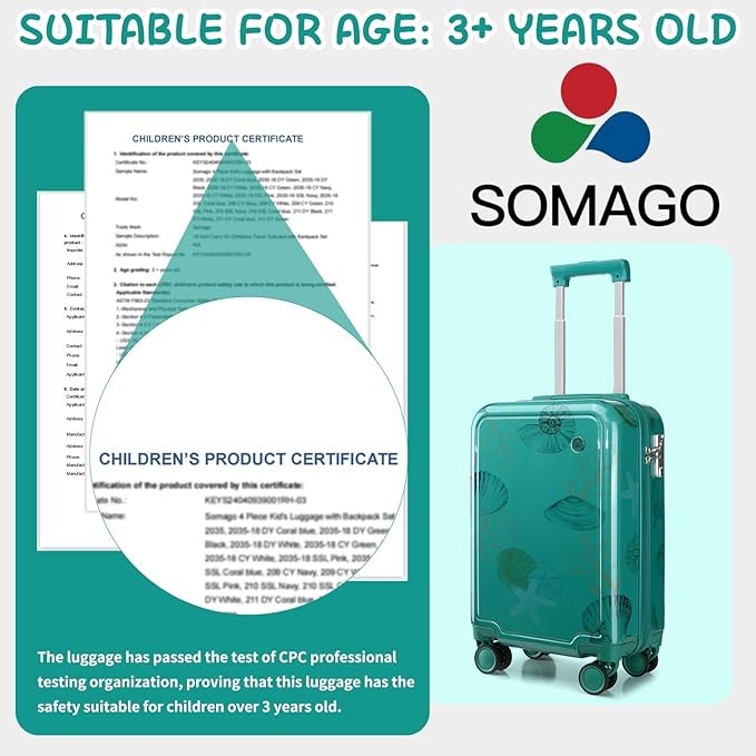 Somago 4 Piece Kid's Luggage with Backpack Set for Boys Girls Spinner 18" Hardside PC Rolling Carry on Suitcase with TSA Lock (Seashell Blue)