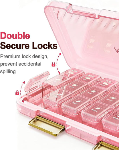 Pill Organizer 3X a Day, Large Weekly Pill Box 7 Day 3 Times a Day, Portable Travel Daily Pill Case Container for Medicine, Vitamin, Fish Oil and Supplement Storage Cute Pink