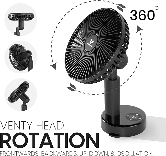 VENTY Portable Clip Fan - Rechargeable 10-Hour Battery Portable Fan - 360° Rotation & 90° Tilt - Stroller, Desk or Bedside - Aromatherapy & LED Light - USB-C Rechargeable Clip On