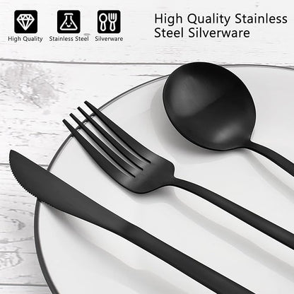 Matte Black Silverware Set, VANVRO 40-Piece Stainless Steel Flatware Set, Satin Finish tableware Cutlery Set, Service for 8, Home and Restaurant, Dishwasher Safe