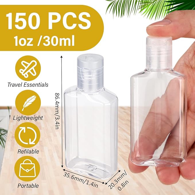 LemonRoad 150 Pcs 1 oz Travel Bottles Bulk Hand Sanitizer Bottle Mini Clear Bottles with Flip Caps Portable Empty Refillable Containers for Shampoo Lotion Liquid Body Soap Cream Toiletries(Clear Lid)