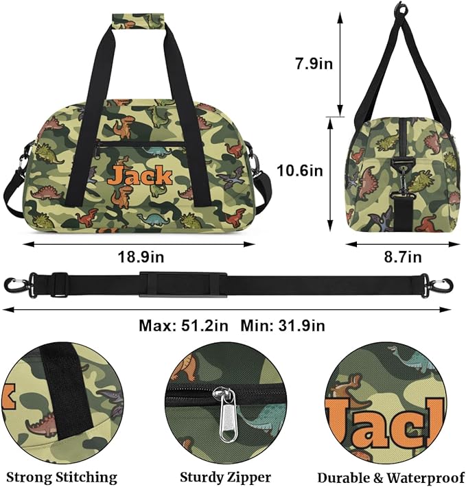 Personalized Duffel Bag for Kids Girls Boys, Cartoon Dinosaurs Custom Name Gym Bag Overnight with Padded Handles Carry On Weekend Sports Travel Bag for School Practice Gymnastics Ballet
