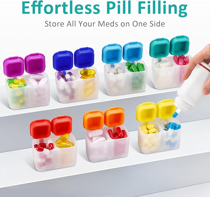 Fullicon Moisture-Proof Pill Organizer 2 Times a Day, Weekly Pill Boxes & Organiser with Silicone Lids, Large Capacity AM PM Pill Organizer 7 Day, Travel Pill Case for Vitamins (Clear Rainbow)