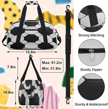 Kids Duffle Bag Girls Boys Black White Soccer Ball Sports Texture Weekender Overnight Bag,Lightweight Duffel Bags for Traveling Gym Sport Dance