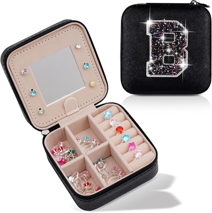 Initials Travel Jewelry Case - Bridesmaid Gifts Wedding Day,Bridesmaid Proposal Gift,Bridal Shower Gifts,Maid of Honor Gifts,Bachelorette Party Decorations Favors | Black,B