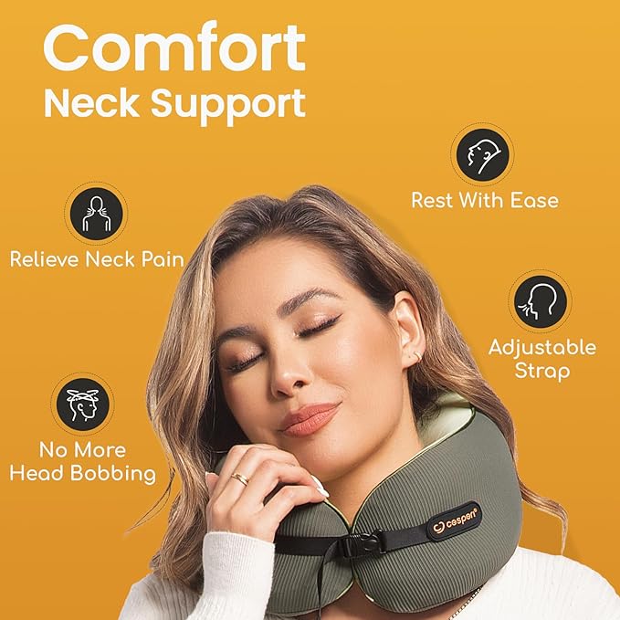 Cesperi® Travel Neck Pillow for Airplanes, Ergonomic Design, Airplane Neck Pillow with Memory Foam, Travel Essentials for Flights, Car Rides, and Home Rest, Large (Avocado Green)