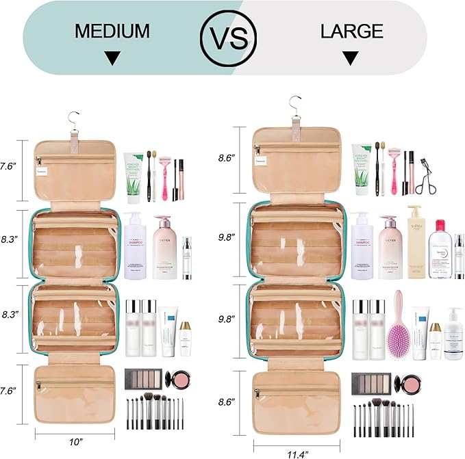 Travel Hanging Toiletry Bag for Women, Large Makeup Bag 8 Leak Proofing Silicone Bottle Covers, Waterproof Cosmetic Bag with Jewelry Organizer Compartment, Toiletries Kit Set, Blue