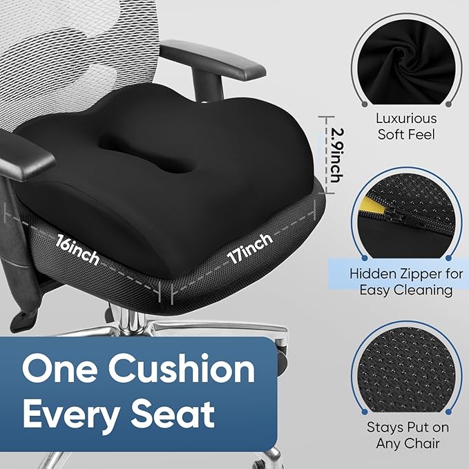 Donut Pillow with Lengthened Center Hole Suspends Tailbone & Sensitive Area, Relieves Pressure for Hemorrhoid and Coccyx Pain, Ergonomic Office & Car Seat Cushion for Prolonged Sitting