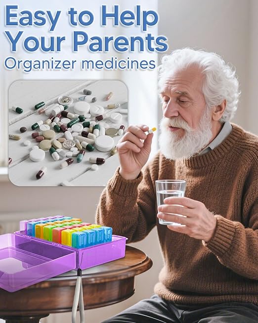 Monthly Pill Organizer 2 Times a Day, FRIWOLE Medicine Box with Portable Weekly Pill Bag, Keychain Pill Case, Pill Cutter and 2 Sticker (Purple, 2 Times a Day)