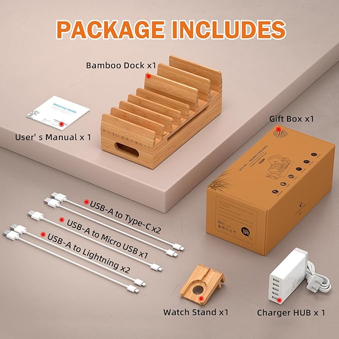 Pezin & Hulin Bamboo Charging Station with Watch Stand, Docking Holder for Multi Device with 5 Port USB Charger HUB, 5 Charge Cables, Desktop Electronic Organizer for Cellphone, Tablet, Watch