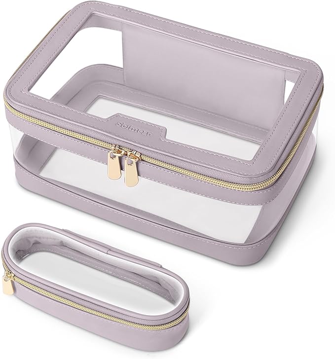 Travel Clear Makeup Bag with Makeup Brush Bag, Leather Makeup Case Toiletry Bag, Portable Cosmetic Bag Case, Transparent Waterproof Cosmetic Organizer Storage Bag for Women, Purple