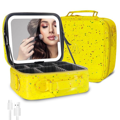 MOMIRA Travel Makeup Bag Cosmetic Bag with Lighted Mirror, Adjustable Brightness in 3 Color Scenarios/Detachable makeup mirror, 2024-All-round Upgrade, Waterproof, Gift for Women -Glett Yellow