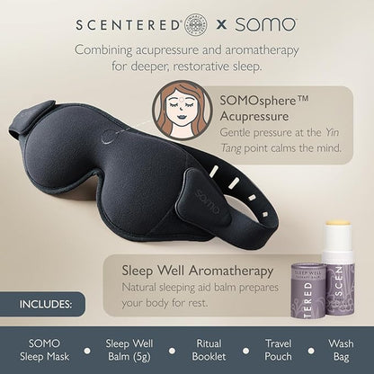Scentered x SOMO Premium Blackout Sleeping Mask & Sleep Well Aromatherapy Balm Gift Set - Acupressure Eye Mask & Lavender Essential Oil for Deeper Recovery - Fall Asleep Faster & Stay Asleep Longer