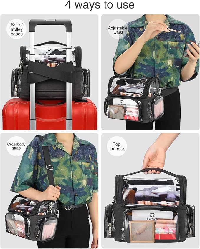 Relavel Extra Large Makeup Case Professional Cosmetic Storage Organizer Box Brush Holder with 4 Clear Set Bags & Lipstick Plate & Clear Makeup Brush Case for Makeup Artists Black