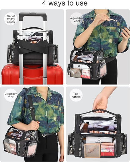 Relavel Extra Large Makeup Case Professional Cosmetic Storage Organizer Box Brush Holder with 4 Clear Set Bags & Lipstick Plate & Clear Makeup Brush Case for Makeup Artists Black