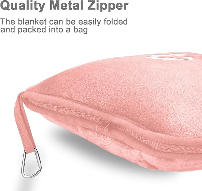 Travel Blanket and Pillow Compact, Premium Soft 2 in 1 Airplane Blanket with Soft Bag Pillowcase，Hand Luggage Sleeve and Backpack Clip (Solid Pink)