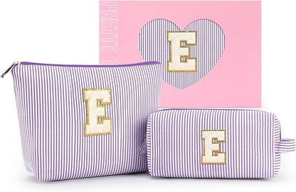 mibasies 2 PCS Initial Makeup Bags for Women: Cosmetic Bag for Travel Toiletry - Personalized Cute Makeup Pouch - Gifts for Grilfriend Wife Moms Bridesmaid - Retirement Travel Gifts - Purple E