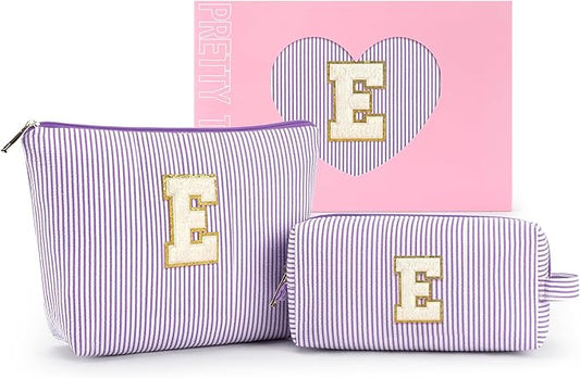 mibasies 2 PCS Initial Makeup Bags for Women: Cosmetic Bag for Travel Toiletry - Personalized Cute Makeup Pouch - Gifts for Grilfriend Wife Moms Bridesmaid - Retirement Travel Gifts - Purple E