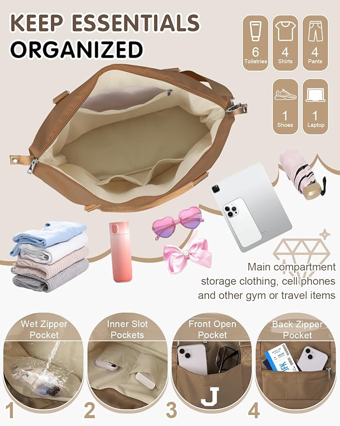 Birthday Graduation Gifts for Daughter,Initial Travel Duffel Bag Sports Gym Bag for Girls Teen Kids Birthday Gifts,Personalized Weekender Bag Carry On Tote Bags Cute Overnight Bag for Women(Brown, J)