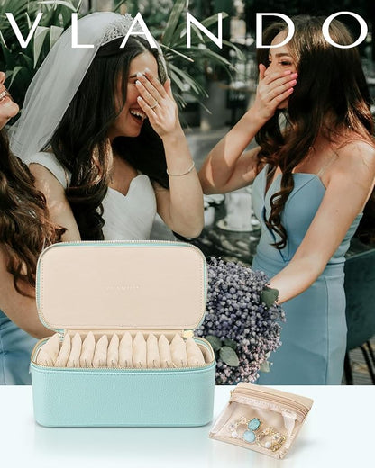 Vlando Travel Jewelry Organizer with 12 Velvet Jewelry Bags Travel Jewelry Case for Girls Jewelry Storage Necklace Rings Earrings Bags Gifts for Women Daughter Friends(Lake Blue)