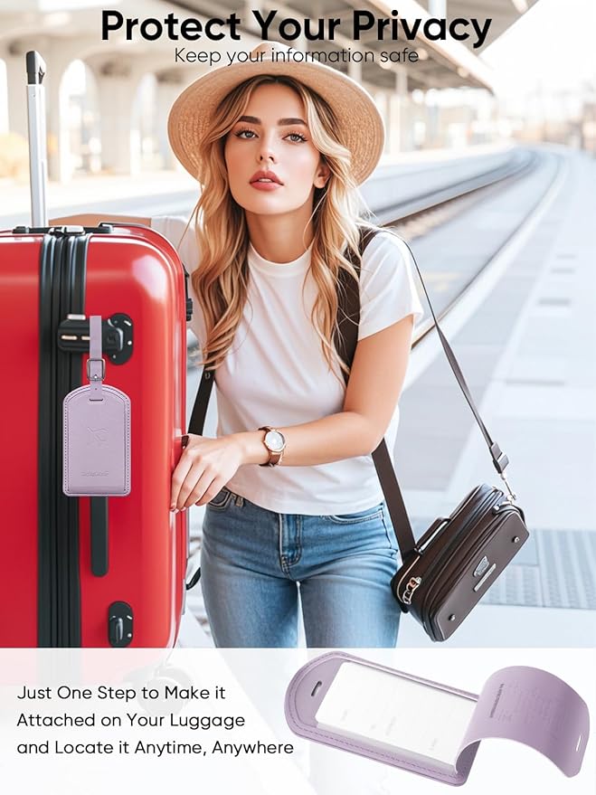 Luggage Tags Built-in Anti-Loss Tracker, Luxury Leather Luggage Tags for Suitcase, Travel Bags, Backpacks, Travel Organizer for Lost Baggage Prevention (Taro Purple)