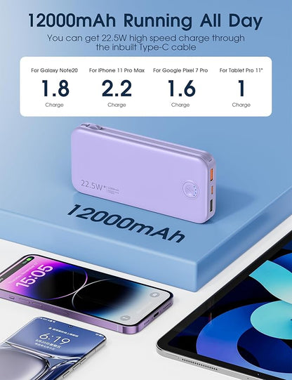 22.5W Super Fast Charging Portable Charger with Wall Plug,12000mAh USB-C Power Bank Built-in 2 Cable, Lightweight Phone Charger Travel Battery Pack for all iPhone, Samsung, Tablets