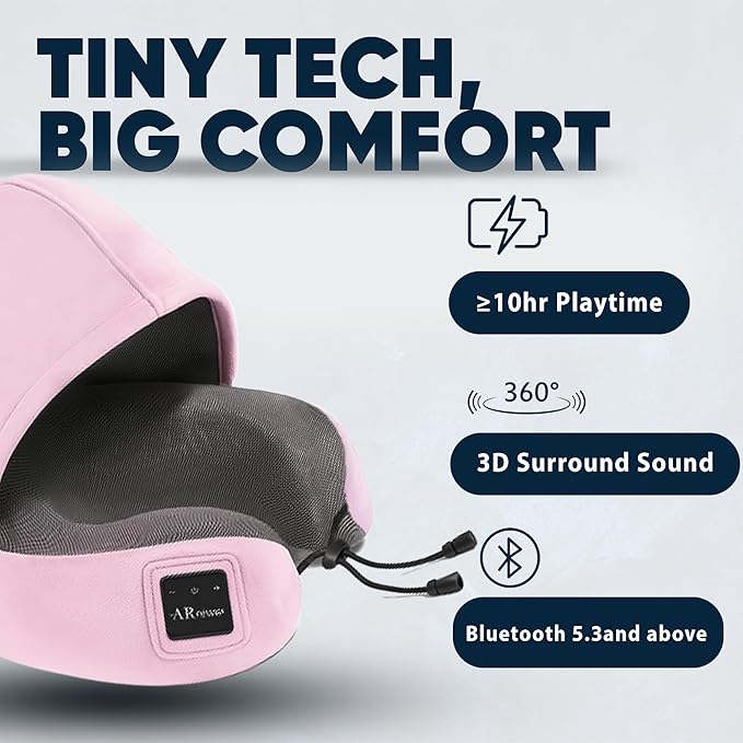 Bluetooth Music Semicircular Neck Pillow with Hood Wireless Bluetooth Speaker Suitable Airplane,Car,Office,and Outdoor Camping for Sleeping, Resting The Best Travel Essentials. (Pink)