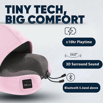 Bluetooth Music Semicircular Neck Pillow with Hood Wireless Bluetooth Speaker Suitable Airplane,Car,Office,and Outdoor Camping for Sleeping, Resting The Best Travel Essentials. (Pink)