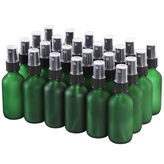 Green Glass Small Spray Bottles 2 oz 24 Packs,Fine Mist Sprayer Pretty Finish,Refillable Containers mini spray bottles for Cleaning Solutions and Skin Care (Green Frosted 24pcs)