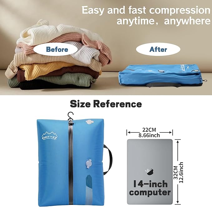 ONTYZZ Travel Vacuum Compression Bags Space Saver Vacuum Bags Reusable Compression Bag with IP67 Waterproof Zipper for Travel Suitcases and Backpack,One Pack Blue（NO PUMP!）