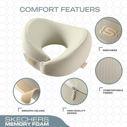Skechers Men's Memory Foam Neck Pillow, Comfortable & Breathable Travel Pillow, Neck Pillow Airplane for Travel, Car Rides, Home, and Office Use, Ergonomic Design for Men and Women,Beige
