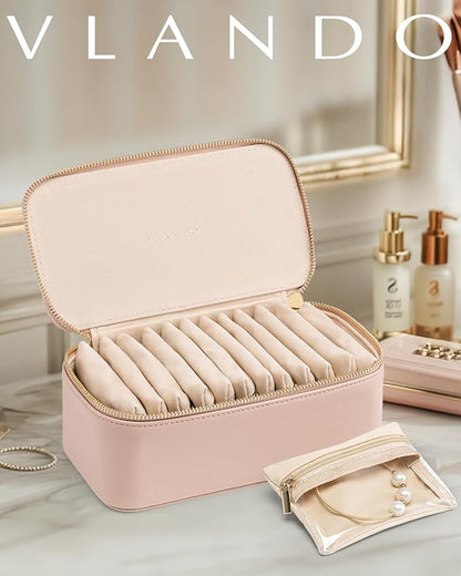 Vlando Jewelry Box with 12 Velvet Jewelry Bags Travel Jewelry Case for Girls Jewelry Organizers Necklace Rings Earrings Storage Bags Christmas Gifts Bridal Shower Gifts- Khaki