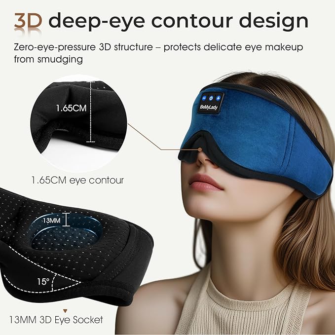 Sleep mask Headphones,100% Blackout 3D Zero Eye Pressure Bluetooth Sleep mask Breathable Eye mask with Bluetooth Headphones Sleep Headphones for Side Sleepers, 14H Playtime&Bluetooth 5.4 Blue
