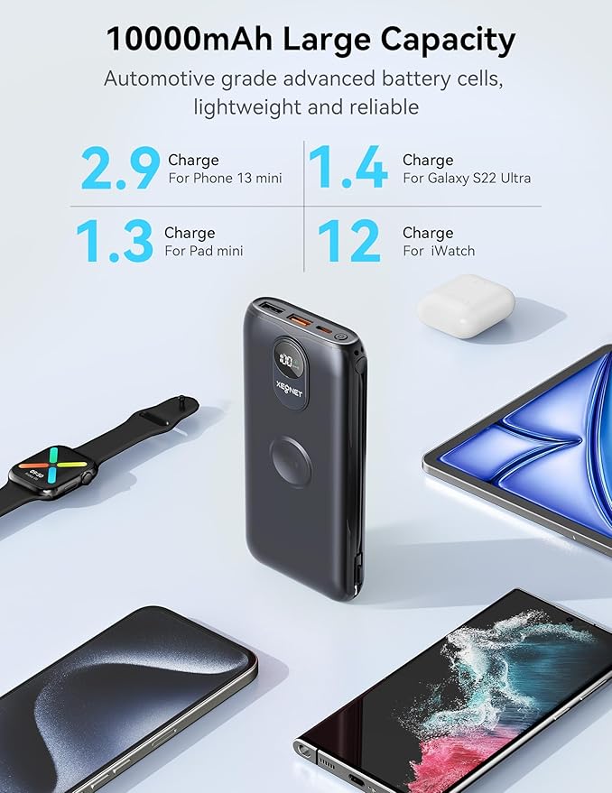 Portable Charger, 10000mAh 22.5W Fast Charging Power Bank with Built in Cable & Wall Plug, Travel Essential Battery Pack with LED Display, External Charger for iPhone, iWatch 11/10/9/8/Ultra/SE Black