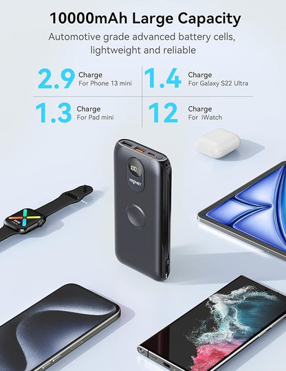 Portable Charger, 10000mAh 22.5W Fast Charging Power Bank with Built in Cable & Wall Plug, Travel Essential Battery Pack with LED Display, External Charger for iPhone, iWatch 11/10/9/8/Ultra/SE Black
