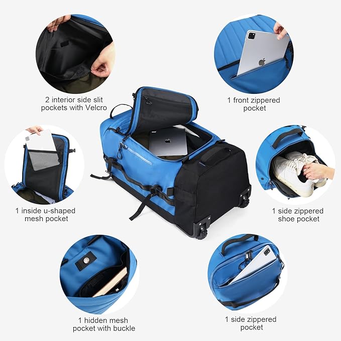 Vomgomfom 86L Collapsible Wheeled Luggage With Removable Backpack Straps,Waterproof Rolling Duffle Bag with Quilted Base,No Telescope Handle,Blue