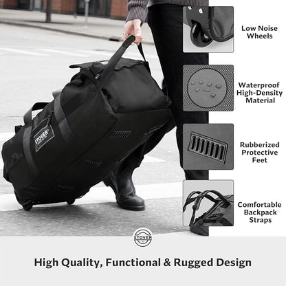 STOVER 100L Rolling Duffel Bag with Wheels, X-Large Durable Travel Duffle + Toiletry Bag, Heavy Duty, Packable with Shoulder Straps- Use as Luggage or Backpack, Men/Women (Black)
