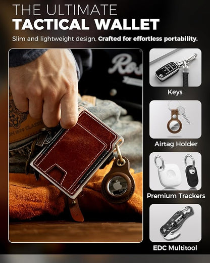 LORZOR Slim Tactical Wallet for Men- Minimalist Full Grain Leather Wallet for 12 Cards, RFID Blocking Aluminum Cardholder, Smart Pop Up Card Case, Front Pocket, Money Clip, Gift for Men(VintageBrown)