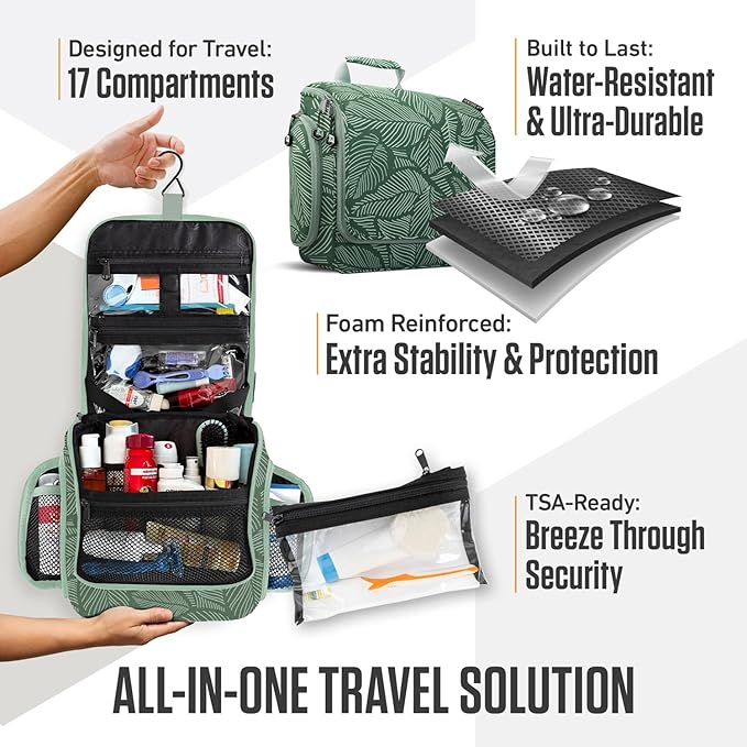 VENTURE 4TH Hanging Travel Toiletry Bag for Women & Men - Travel Organizer with Expandable Compartments & Removable Clear Pouch for Toiletries (Green Leaves)