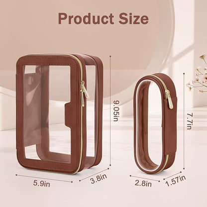 Travel Clear Makeup Bag with Makeup Brush Bag, Leather Makeup Case Toiletry Bag, Portable Cosmetic Bag Case, Transparent Waterproof Cosmetic Organizer Storage Bag for Women, Brown