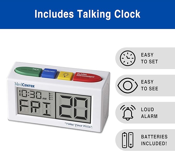 MedCenter 31-Day HSA/FSA Monthly Pill Organizer System with Talking Reminder Clock, Travel Pouch & Tweezers – 4 Daily Dose Compartments – Ideal Medication Organizer for Seniors & Low Vision Users